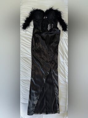 BlitheLA Black Dress with Feathered Corset Top and Slit Satin Maxi Skirt
